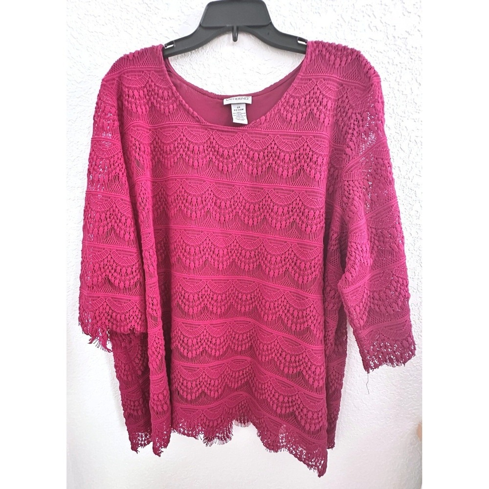 Catherines Grannycore Magenta Pink Lace Crochet Blouse 2X 22/24W Scalloped Lined